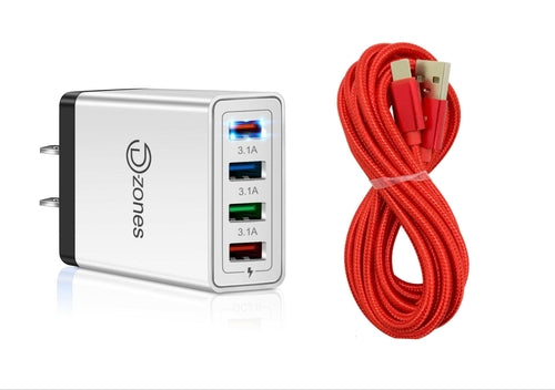 4 Port Wall Charger with 10 FT Charger Compatible for Iphone