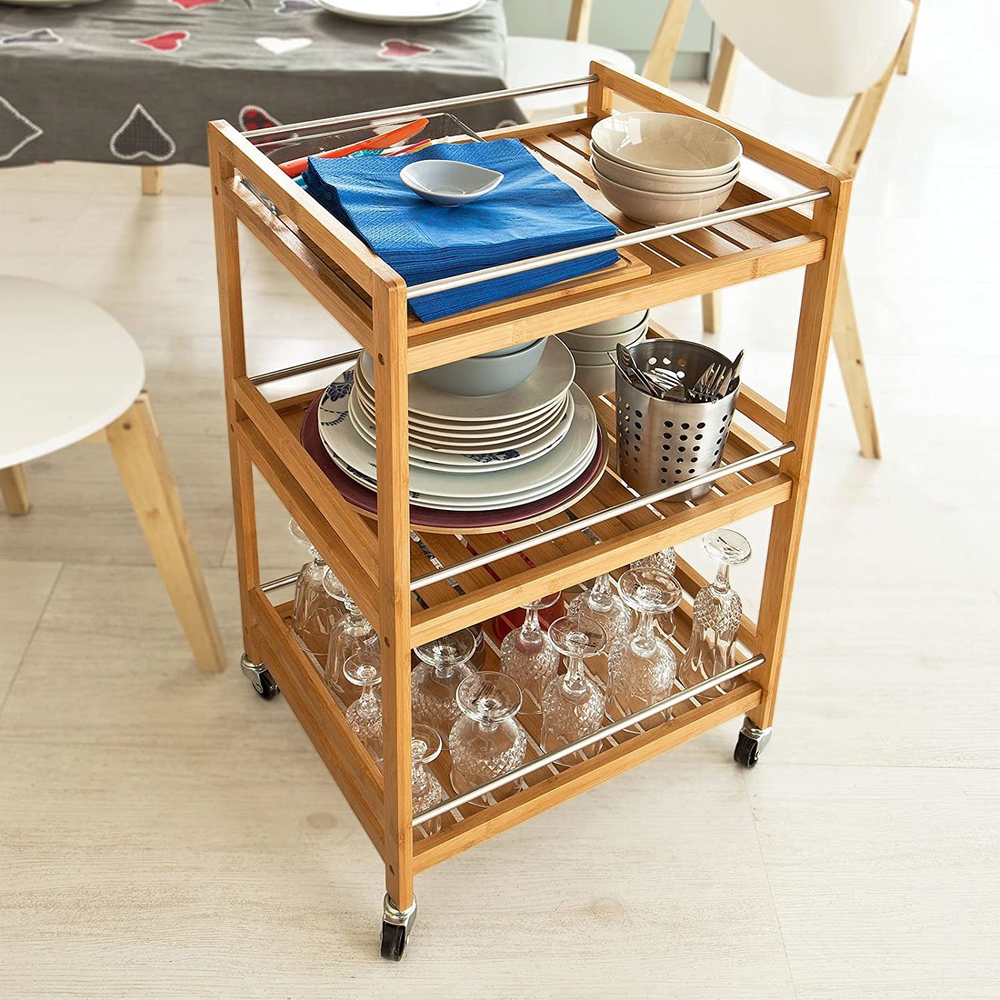 VIKUS Bamboo Kitchen Trolley 3 Tier Storage Cart