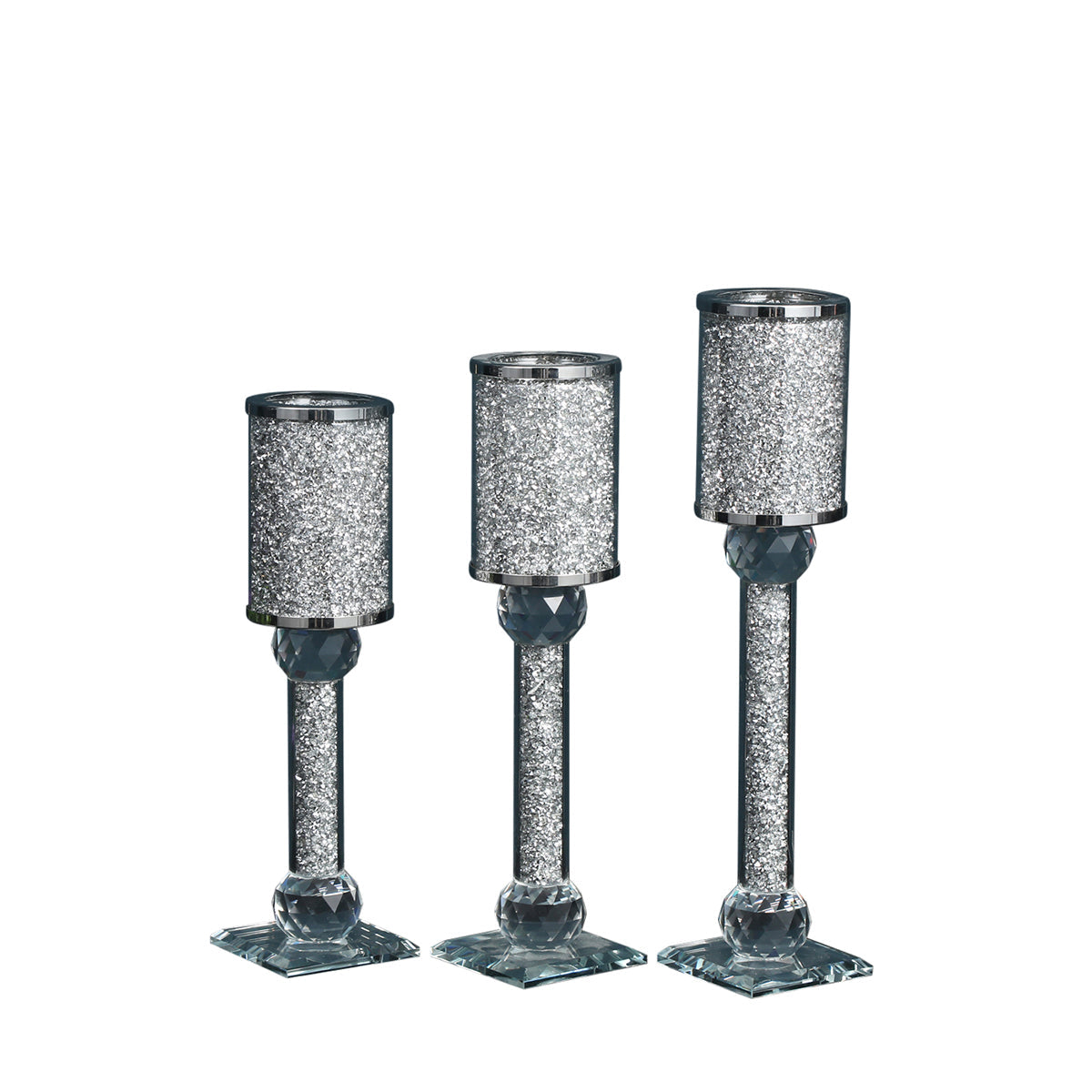 Ambrose 3 Candles Holder Set, Silver Crushed Diamonds Glass