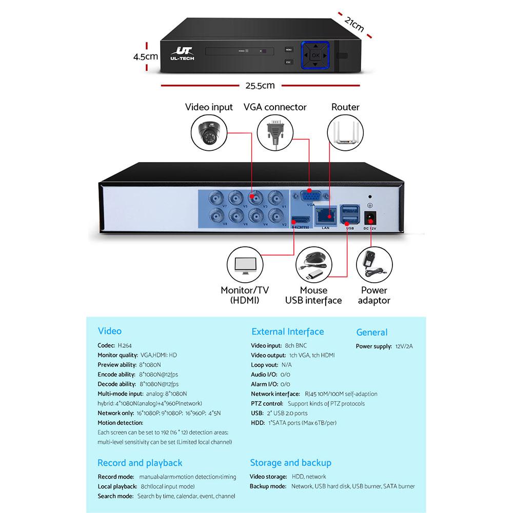 UL-tech CCTV Camera Security System Home 8CH DVR 1080P 4 Dome cameras