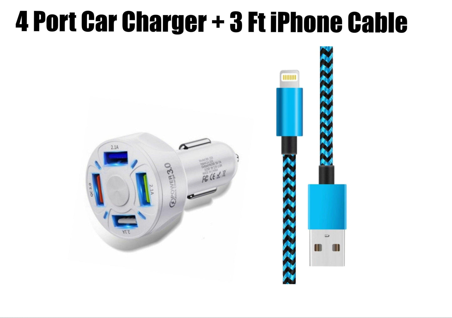 4 Port LED Car Charger and Iphone  Cable Bundle