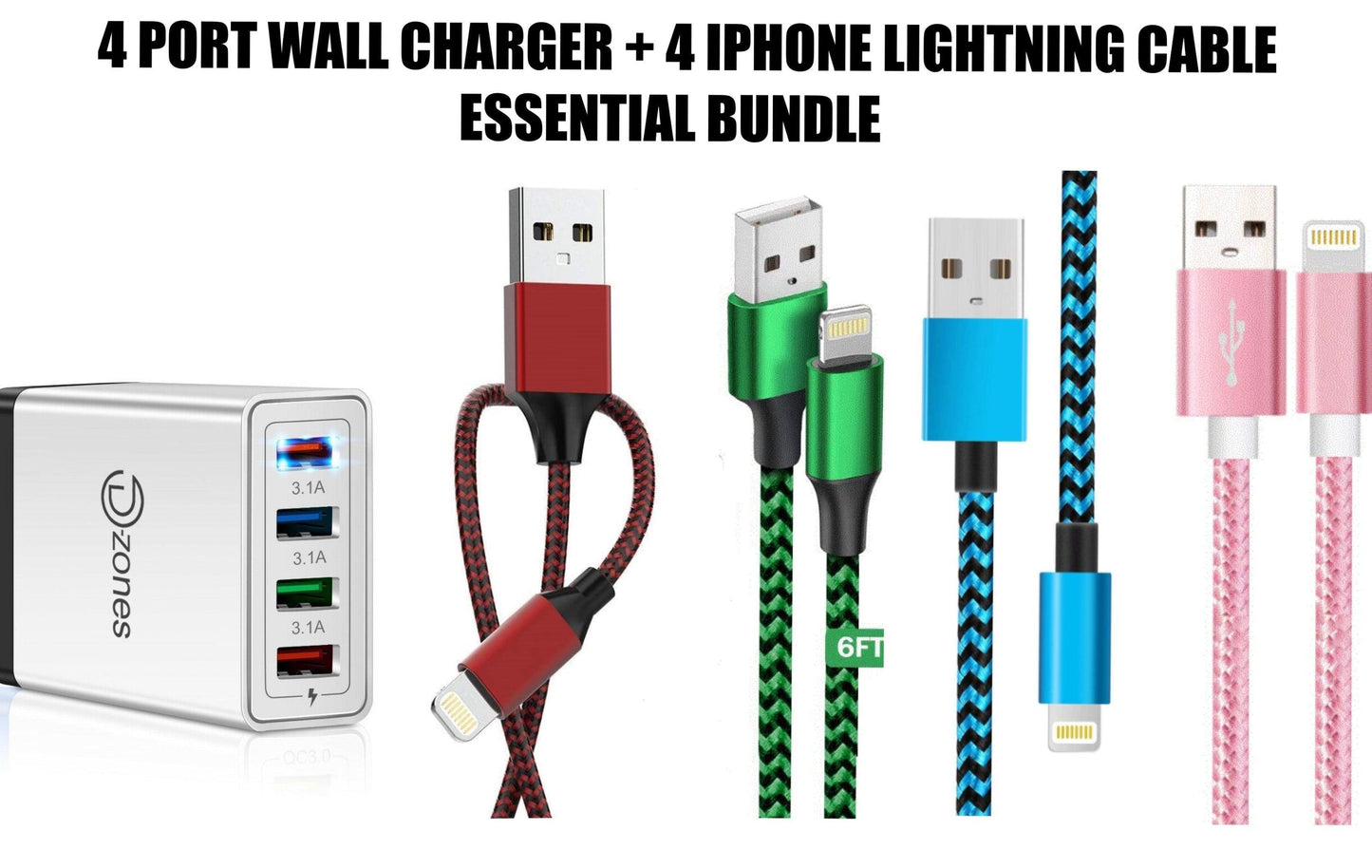 4 Port High Speed Wall Charger + 4 Iphone Lightning Cables Bundle!