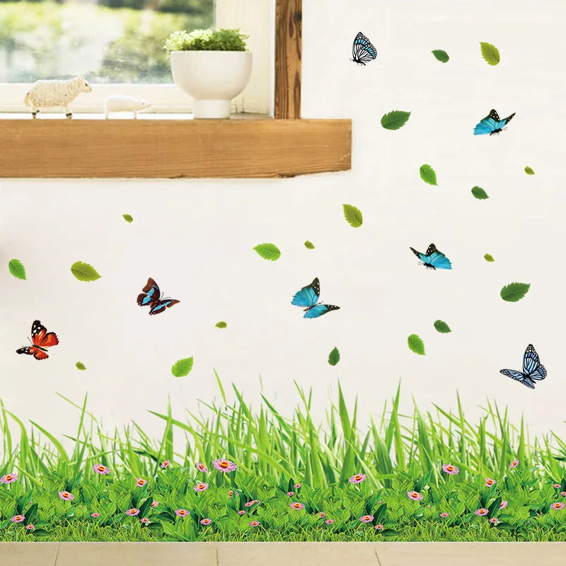 Green Grass Colorful Butterfly Flower Skirting Wall Stickers Living-room Bedroom Bathroom Vinyl Decals Art Home Decoration Mural