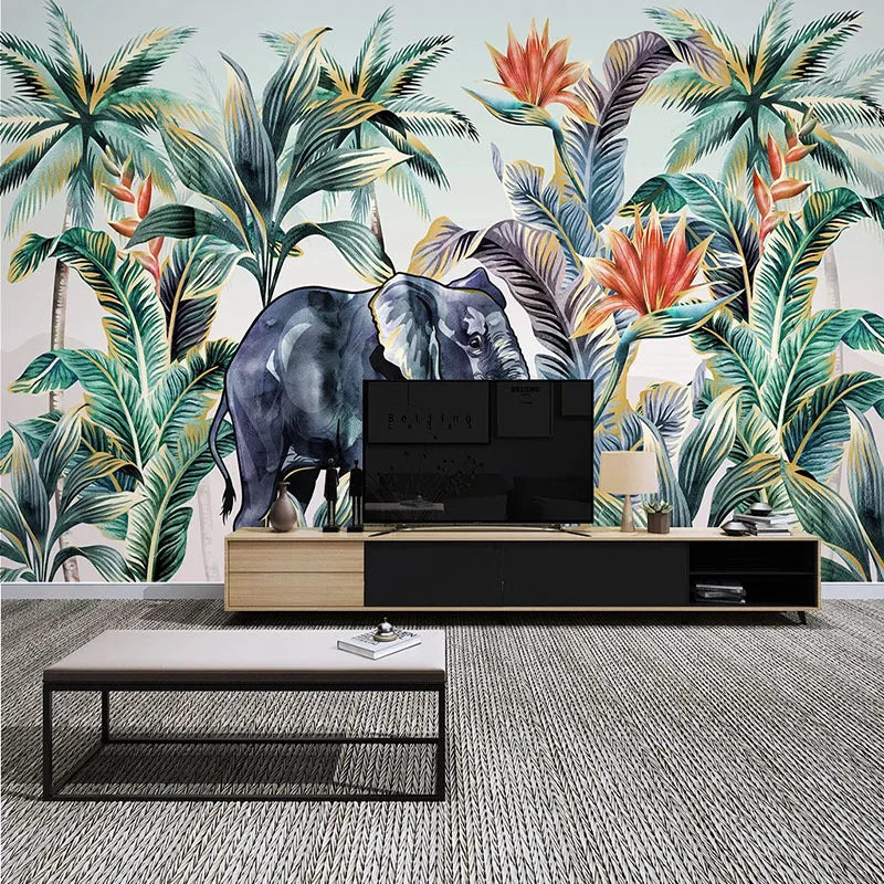 Custom 3D Wallpaper Modern Forest Animal Elephant Tropical Plant Flower Coconut Tree Photo Wall Murals Living Room TV 3D Sticker