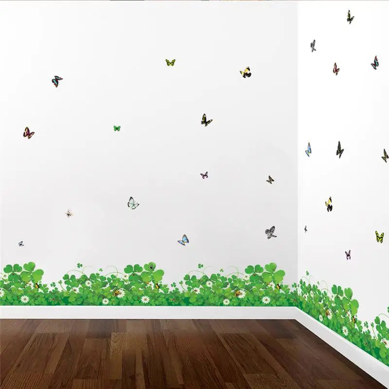 Green Clove Flowers Butterfly Wall Sticker For Living Room Bedroom Home Decoration Diy Pvc Baseboard Wall Art Plant Decals