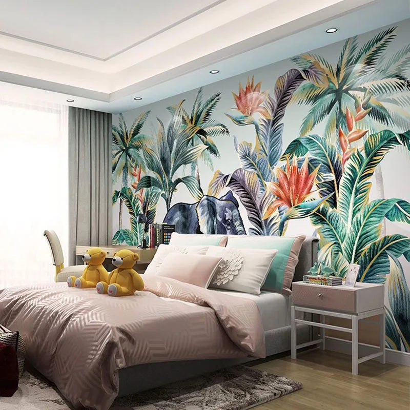 Custom 3D Wallpaper Modern Forest Animal Elephant Tropical Plant Flower Coconut Tree Photo Wall Murals Living Room TV 3D Sticker