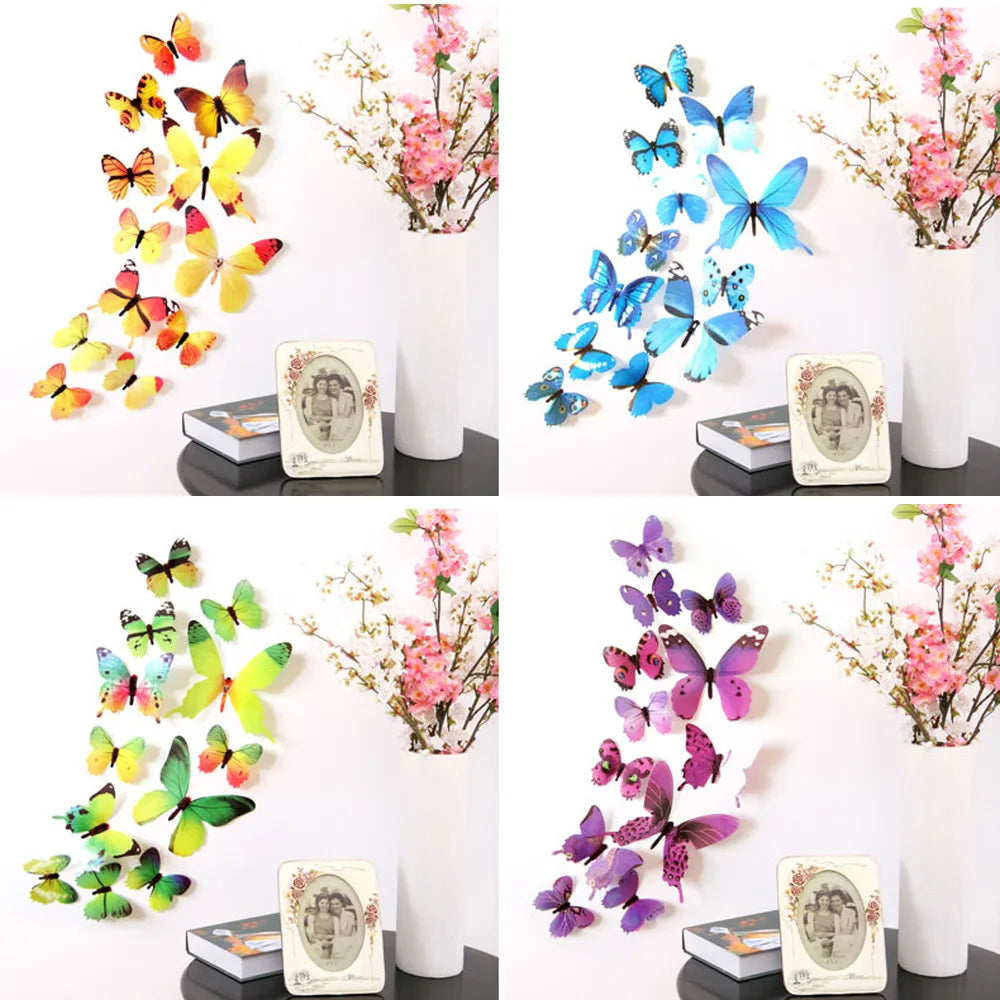 12pcs 3D Cute Butterfly Rainbow Wall Stickers Colorful Decal Creative Home TV Background Kids Bedroom Decorations Wall Decals