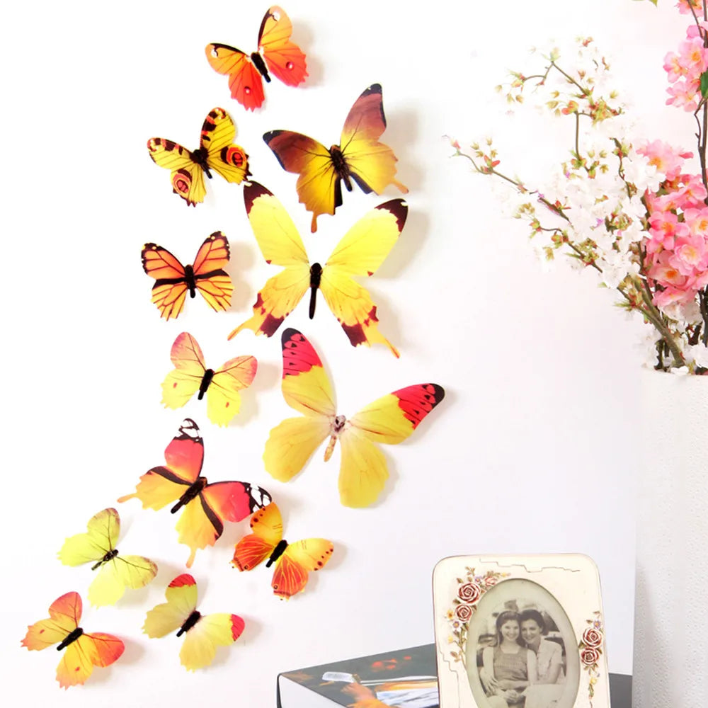 12pcs 3D Cute Butterfly Rainbow Wall Stickers Colorful Decal Creative Home TV Background Kids Bedroom Decorations Wall Decals