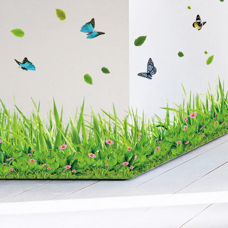 Green Grass Colorful Butterfly Flower Skirting Wall Stickers Living-room Bedroom Bathroom Vinyl Decals Art Home Decoration Mural