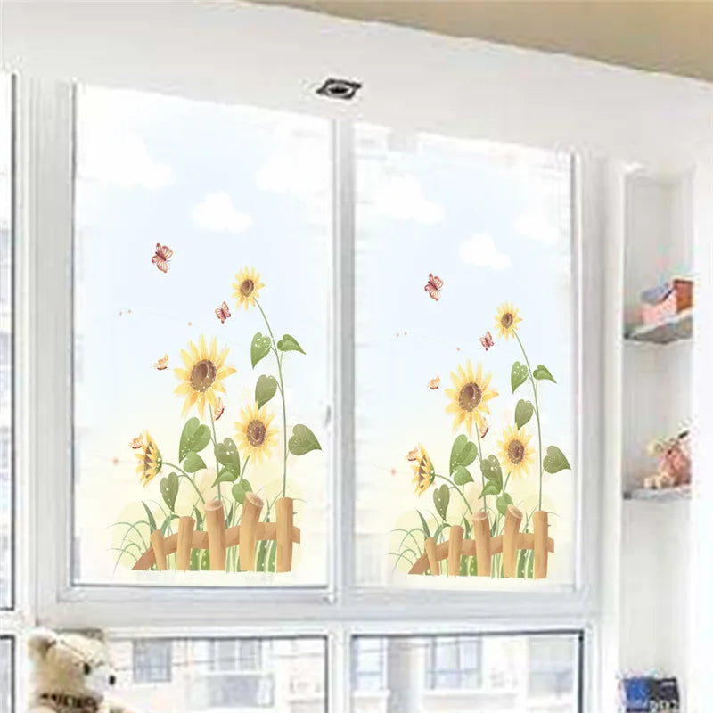 Beautiful SunFlowers Butterfly Wall Sticker For Living Room Bedroom Home Decoration Diy Plant Mural Art Window Decals Pvc Poster