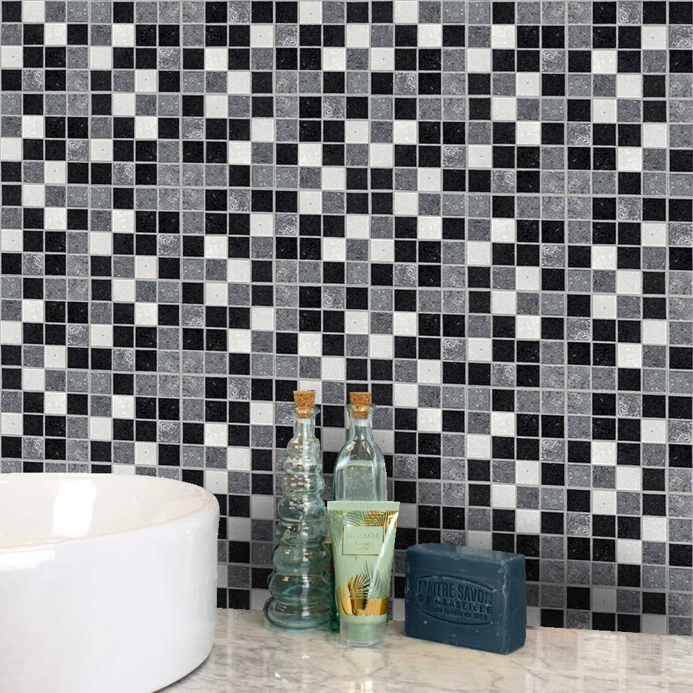 Funlife Home Decor European Style Black and White Gray Mosaic Solid Self-adhesive Wall Stickers Bathroom Tiles Stickers MTS008