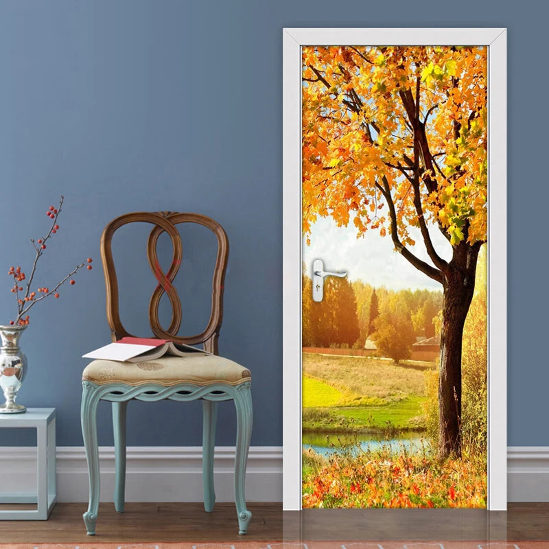 Golden Autumn Tree Leaves Nature Landscape 3D Door Sticker Mural PVC Self-adhesive Waterproof Decorative Wallpaper Wall Decals