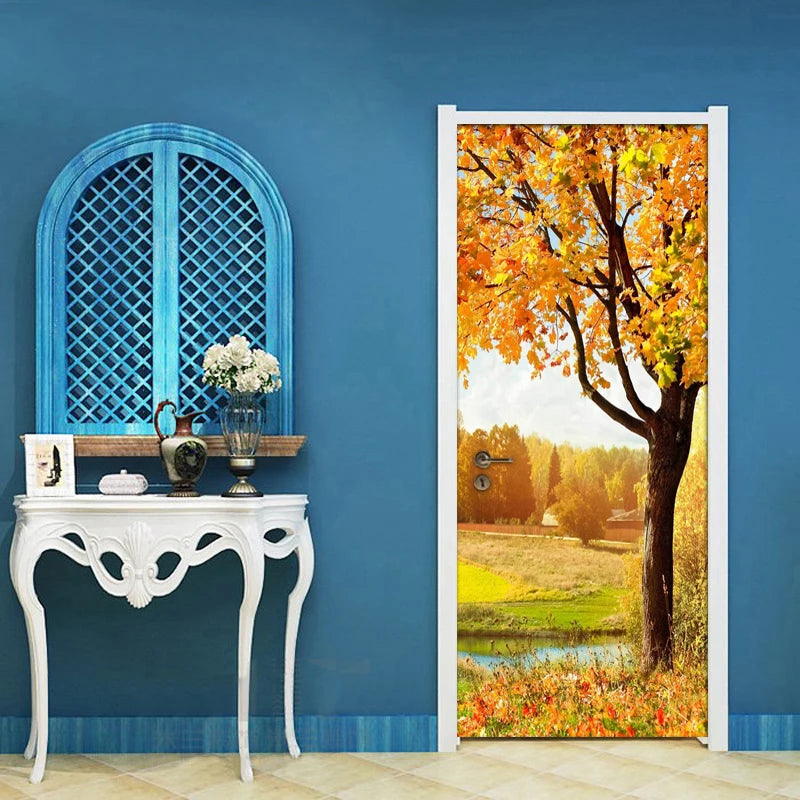 Golden Autumn Tree Leaves Nature Landscape 3D Door Sticker Mural PVC Self-adhesive Waterproof Decorative Wallpaper Wall Decals