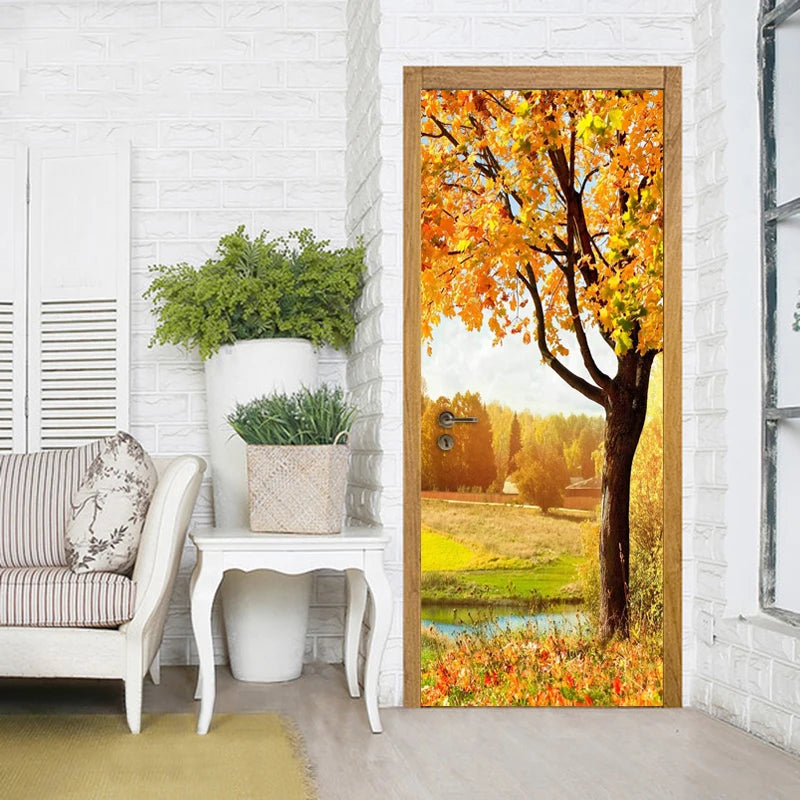 Golden Autumn Tree Leaves Nature Landscape 3D Door Sticker Mural PVC Self-adhesive Waterproof Decorative Wallpaper Wall Decals