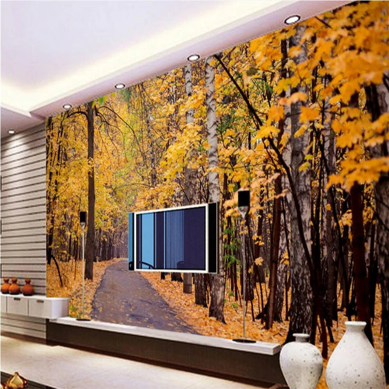 beibehang Custom Photo Mural Wall Sticker Autumn Maple Leaves Fallen Root Trees Trail Path Background Wall papel de parede