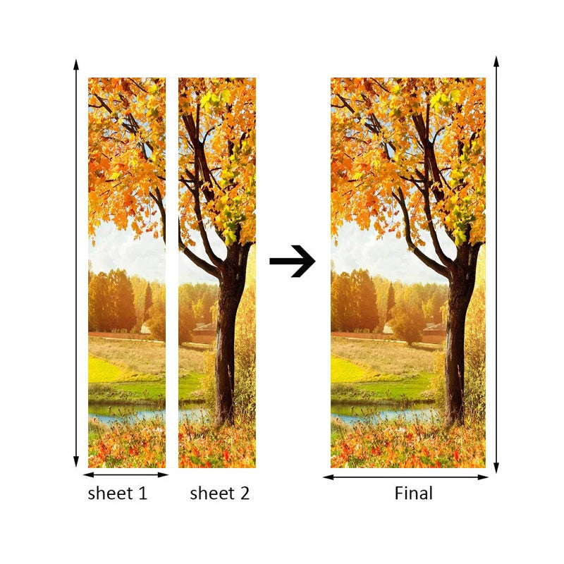 Golden Autumn Tree Leaves Nature Landscape 3D Door Sticker Mural PVC Self-adhesive Waterproof Decorative Wallpaper Wall Decals