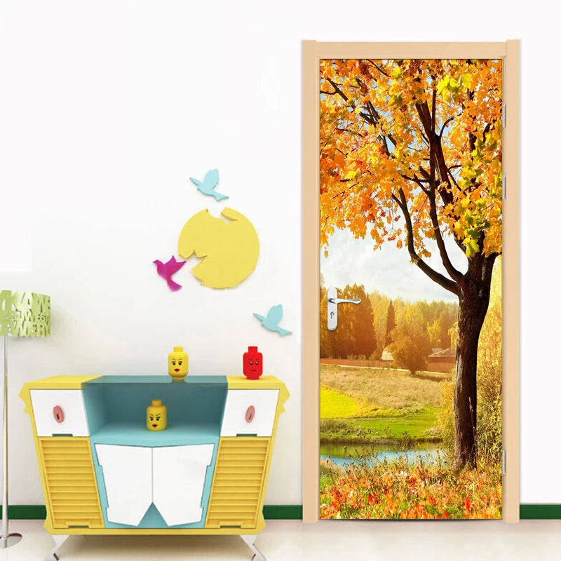 Golden Autumn Tree Leaves Nature Landscape 3D Door Sticker Mural PVC Self-adhesive Waterproof Decorative Wallpaper Wall Decals