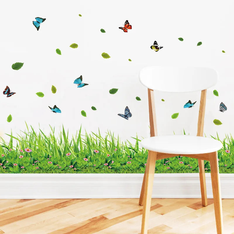 Green Grass Colorful Butterfly Flower Skirting Wall Stickers Living-room Bedroom Bathroom Vinyl Decals Art Home Decoration Mural