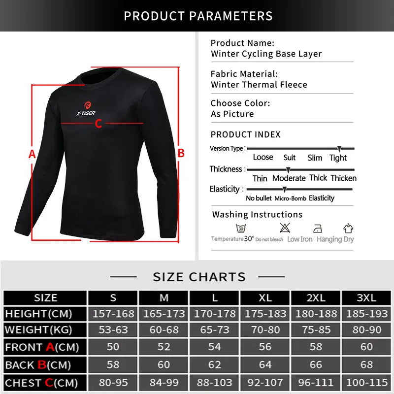 X-TIGER Winter Cycling Base Layer Long Sleeve Warm Bike Underwear Fleece Sports Bike Shirt Keep Warm Racing Bicycle Shirt