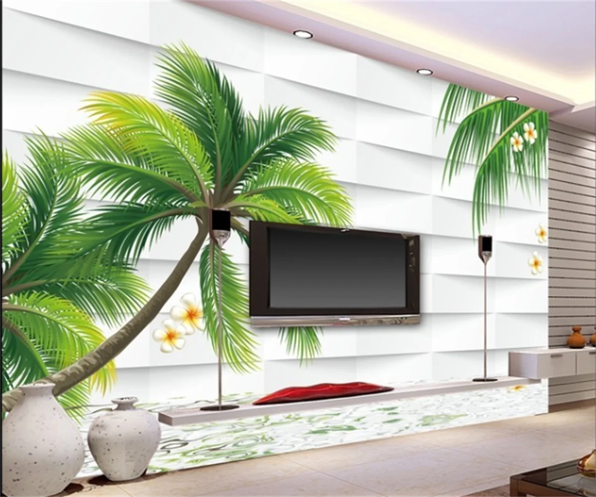 3D three-dimensional coconut tree seaside TV wall painting European home hotel background wall decoration wall sticker