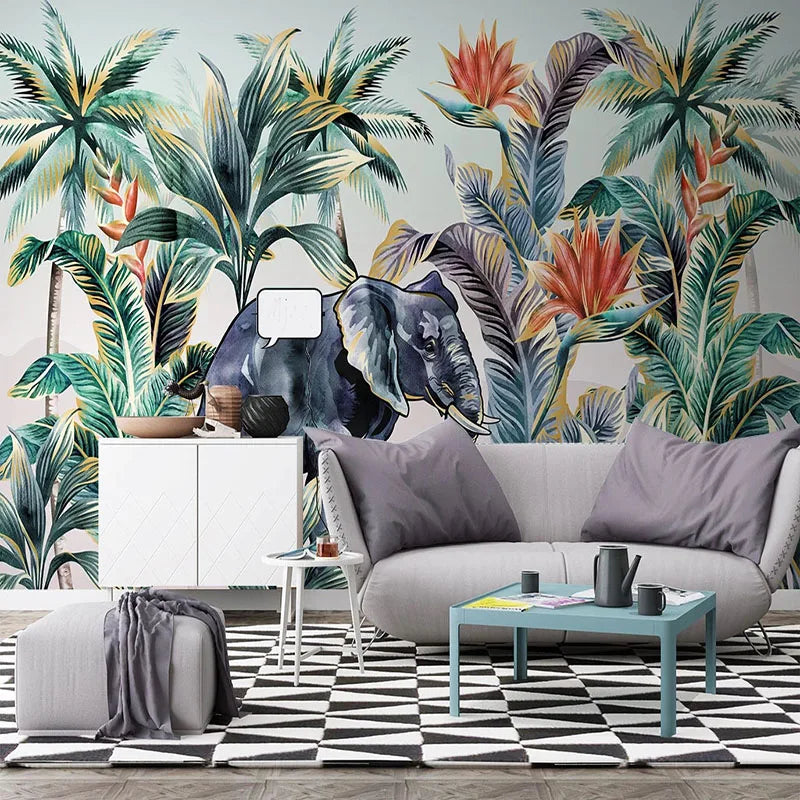 Custom 3D Wallpaper Modern Forest Animal Elephant Tropical Plant Flower Coconut Tree Photo Wall Murals Living Room TV 3D Sticker