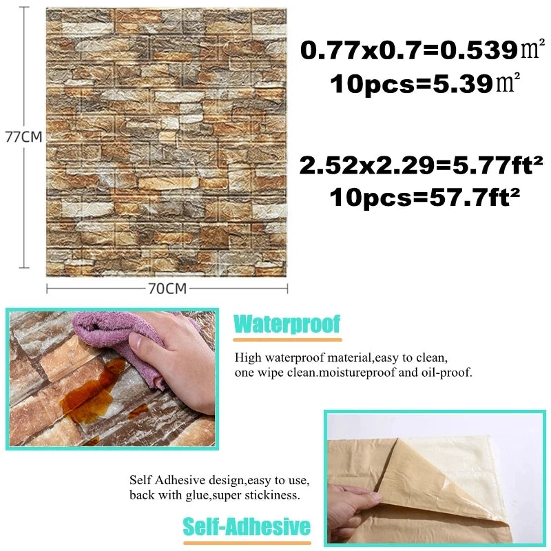 10Pcs 3D Wall Sticker Self Adhesive Panel Living Room Background Brick Waterproof Wallpapers Mural Bedroom DIY Decorative 70*77