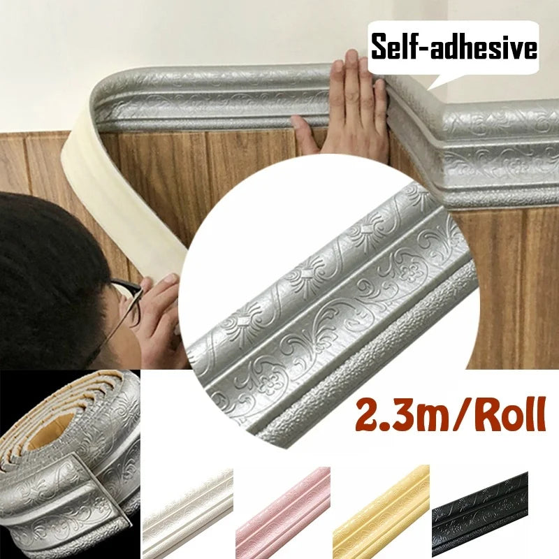 2.3m/roll 3D Foam Waistline Skirting Line Self-adhesive Wall Sticker Waterproof Sealing Frame DIY Home Decor Beautification Line