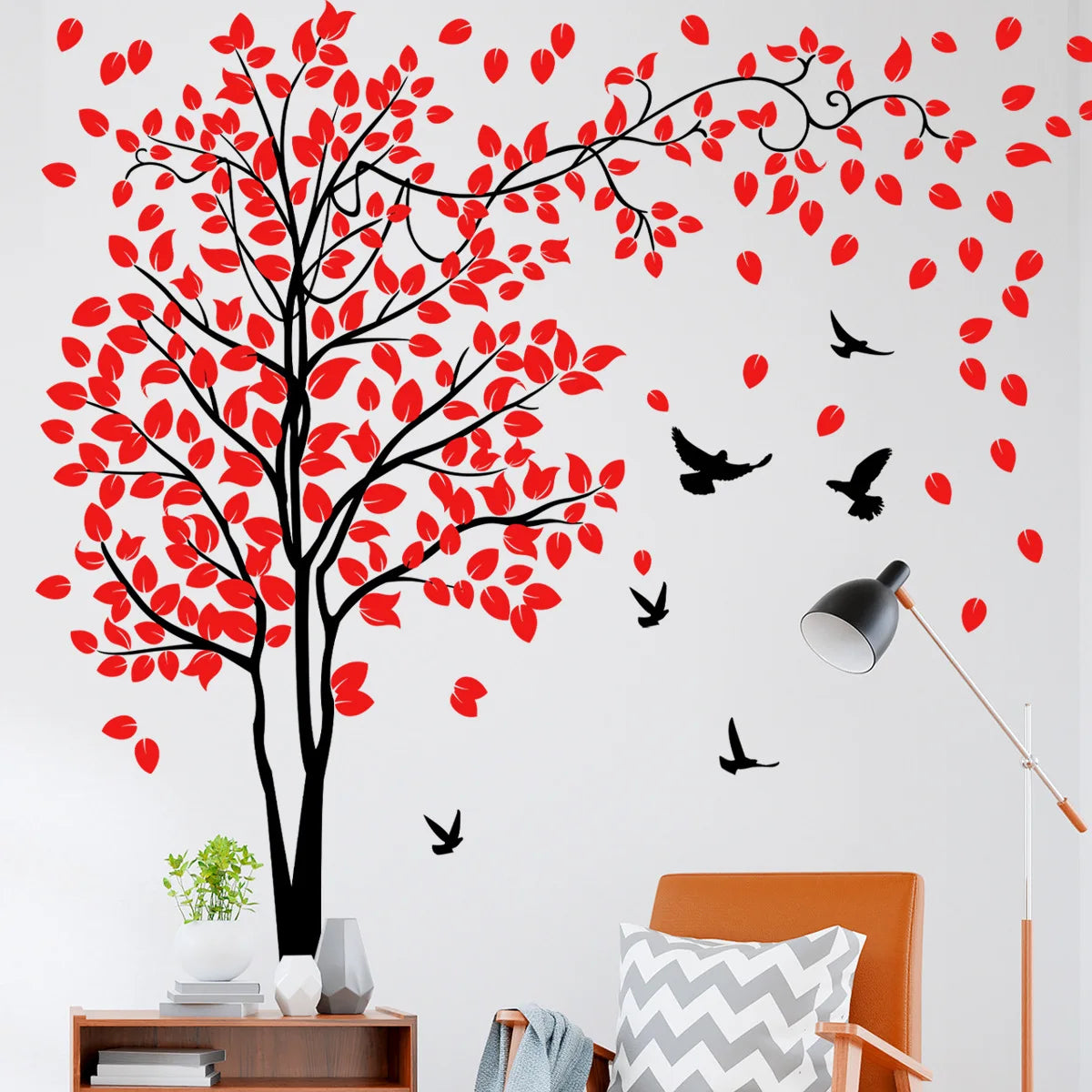 4pcs Big Tree Red Leaf Bird Plant Wall Sticker Creative Children's Room Living Room Bedroom Study Decoration Mural Wall Sticker