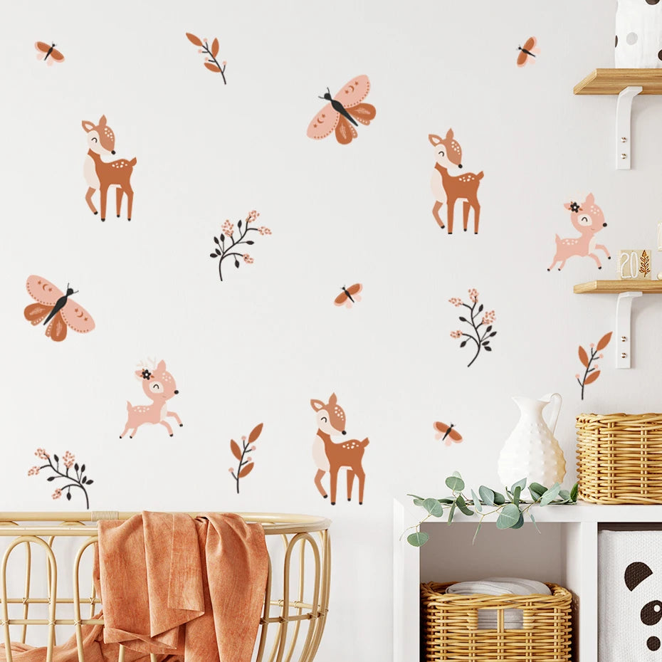 Boho Cute Sika Deer Butterfly Branches Watercolor Nursery Wall Decals Gifts Kids Room Girls Bedroom Sticker Removable Home Decor