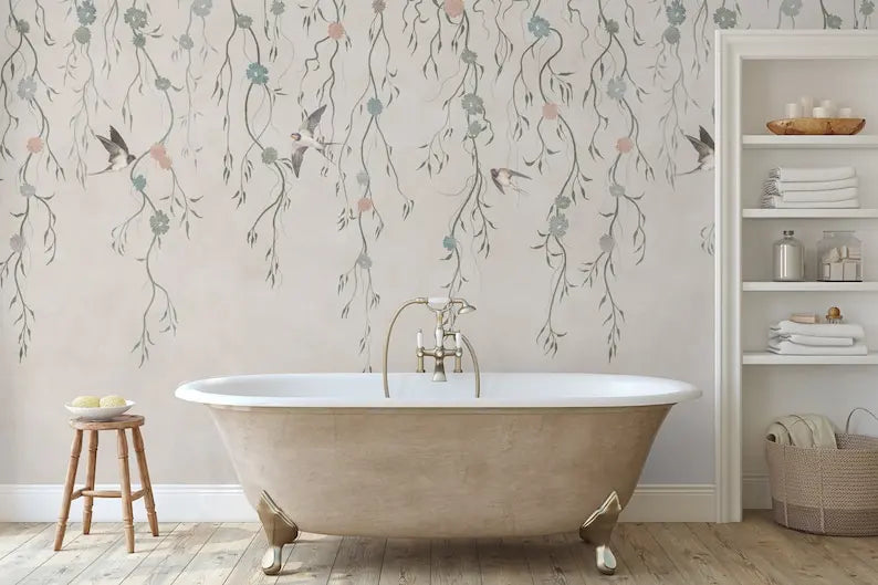 Ivy Wallpaper | Boho Plants Wall Mural Peel and Stick | Watercolor Tree Branches with Birds Wallpaper | Pastel Ivy Leaf Branch W