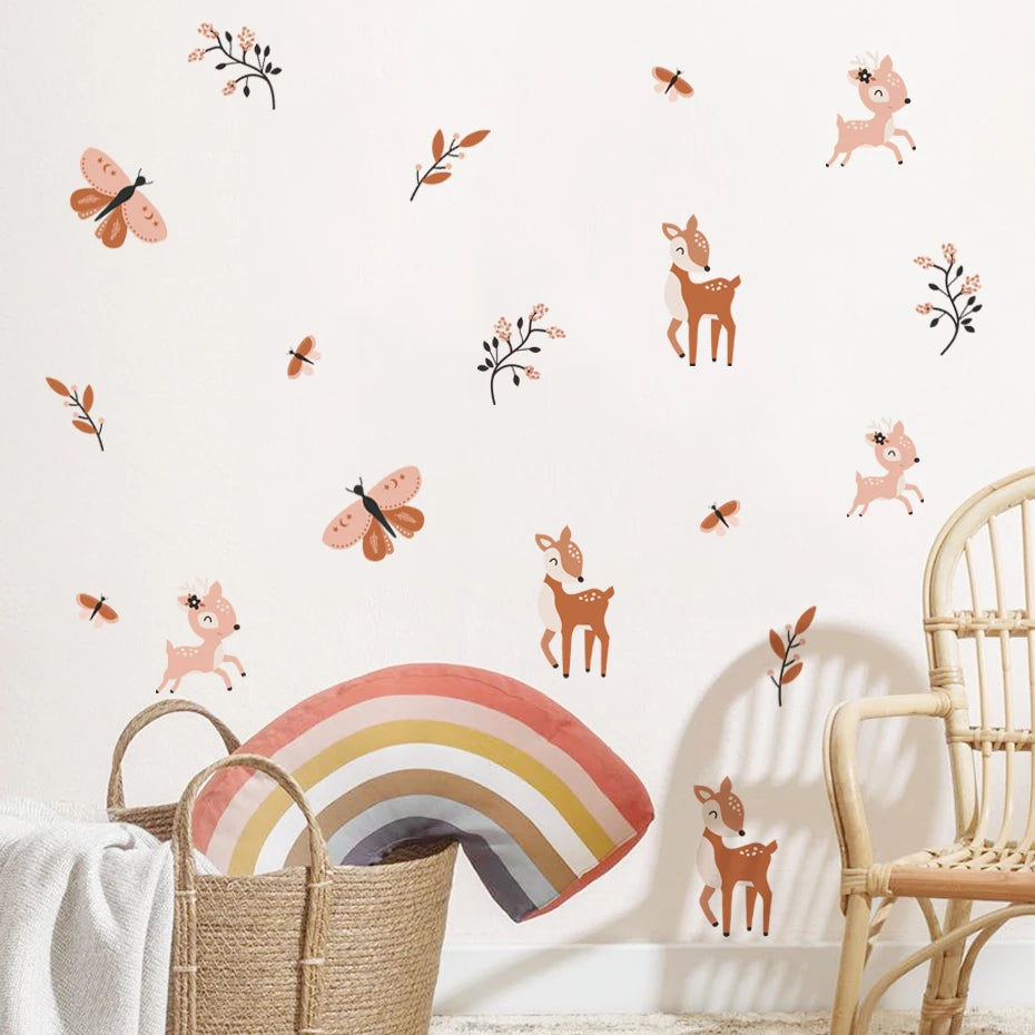 Boho Cute Sika Deer Butterfly Branches Watercolor Nursery Wall Decals Gifts Kids Room Girls Bedroom Sticker Removable Home Decor