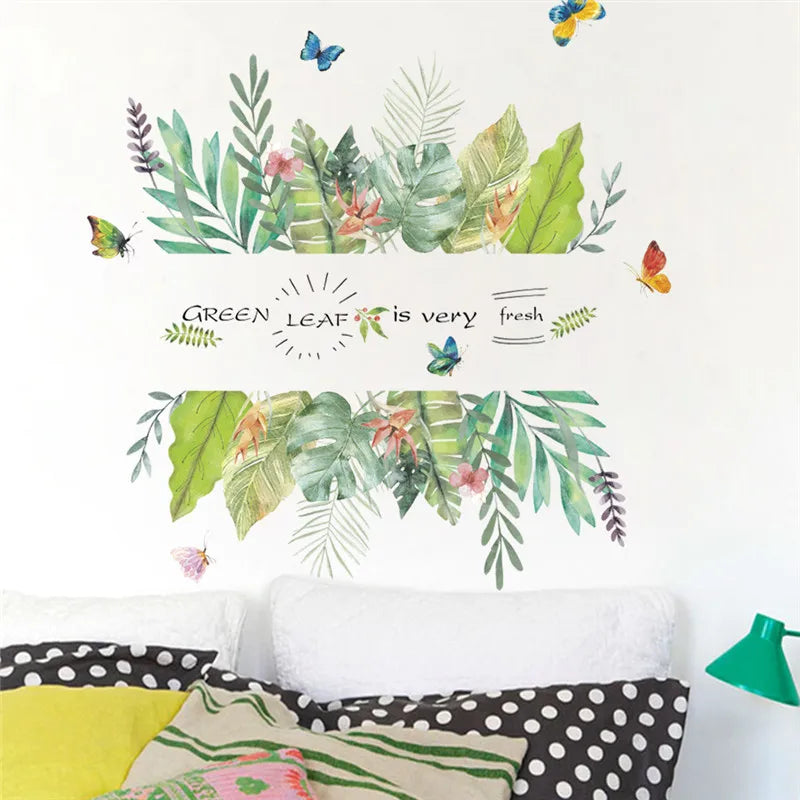 Vivid  Tropical Plant Flower Butterfly Diy Wall Sticker Plant Wall Decal Living Room Bedroom Home Decor Sticker Art Mural