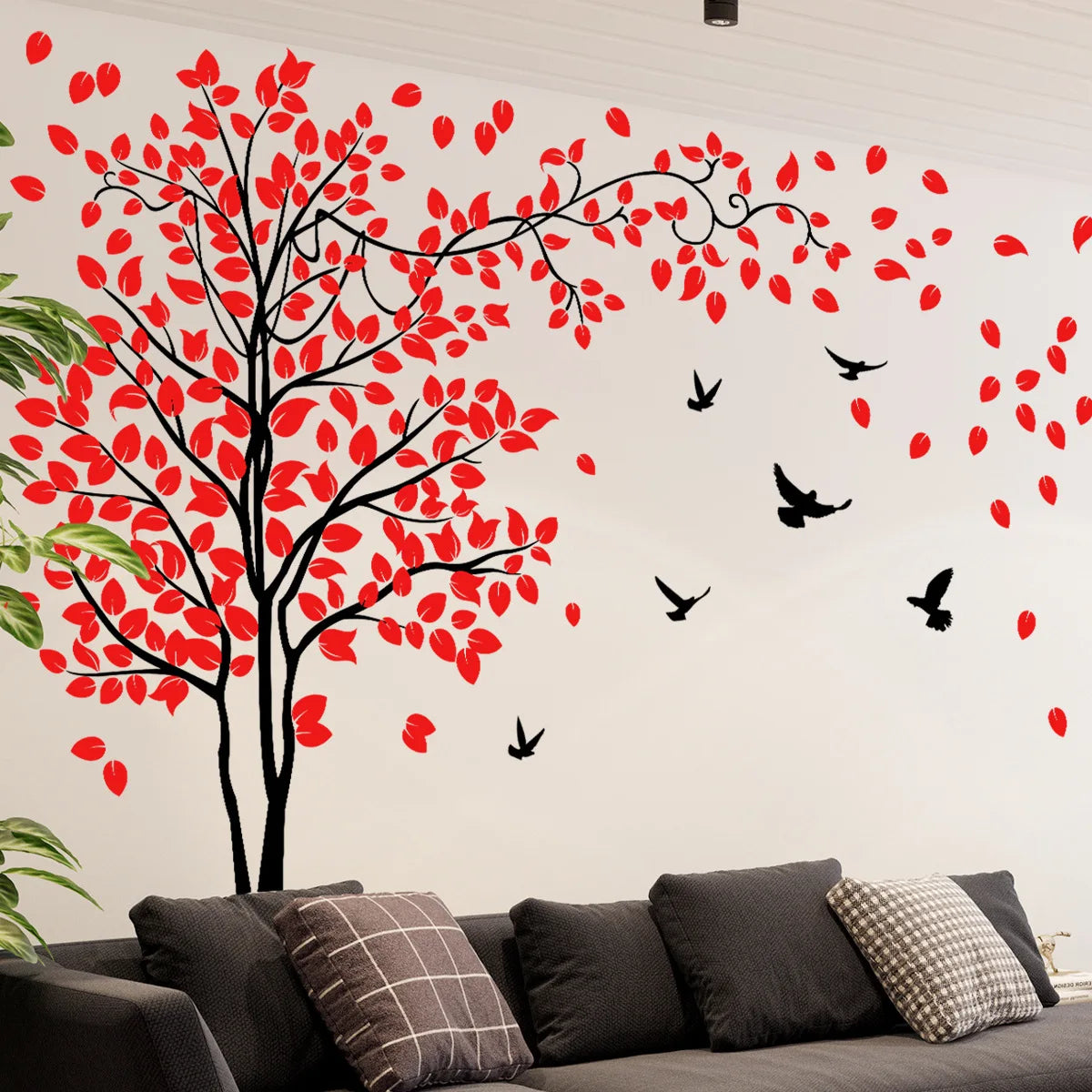 4pcs Big Tree Red Leaf Bird Plant Wall Sticker Creative Children's Room Living Room Bedroom Study Decoration Mural Wall Sticker