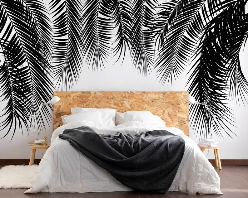 Black And White Palm Tree Leaves Hanging From Above Photo Wallpaper, Self adhesive, Custom Size Repositionable Removable Wallpap