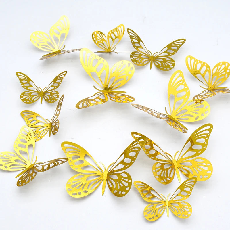 12Pcs/Set Gold Silver Hollow Butterfly Wall Stickers 3D Butterflies Sticker Bedroom Living Room Home Decor Party Wedding Decor