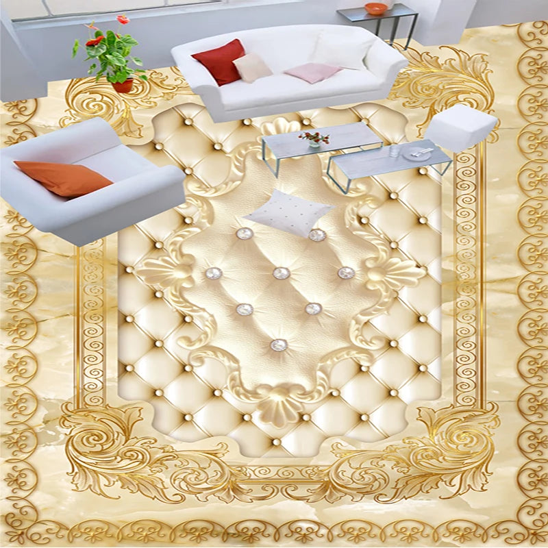 Custom Floor Mural Wallpaper European Style Luxury Gold Rose Marble Soft Roll 3D Floor Tile Sticker Living Room PVC Home Decor