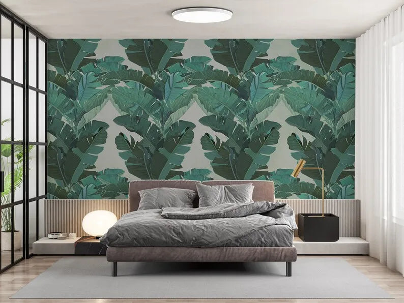 Customizable Tropical Banana Leaves Wallpaper, Green Banana Tree Bedroom, Living Room Modern, Removable Mural, Big Leafs Self Ad