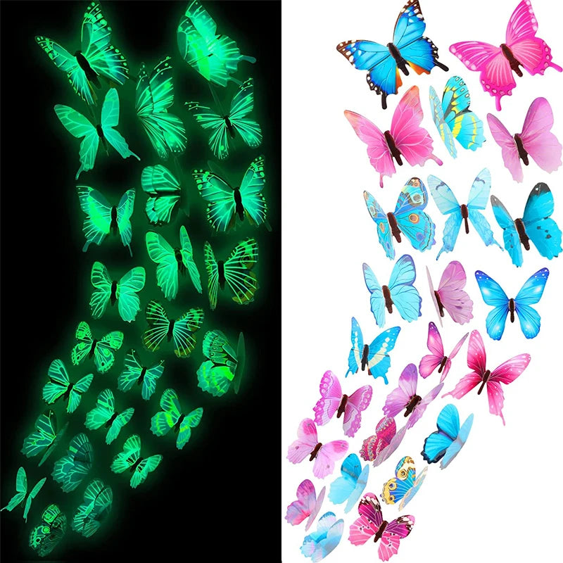 12/36pcs Luminous Butterfly 3D Wall Sticker Bedroom Living Room Window Ceiling Decor Wall Decals Home DIY Glow In Dark Wallpaper