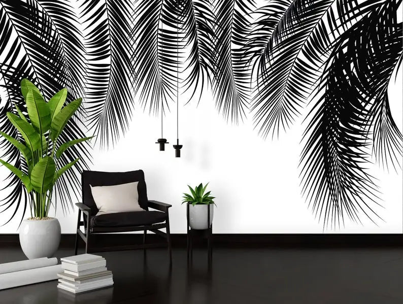 Black And White Palm Tree Leaves Hanging From Above Photo Wallpaper, Self adhesive, Custom Size Repositionable Removable Wallpap