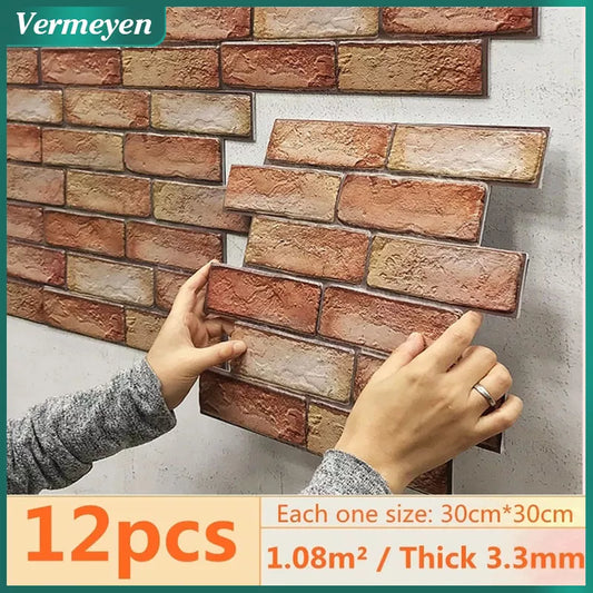 12pcs 3D Brick Wall Sticker Self-Adhesive PVC Wallpaper for Bedroom Waterproof Oil-proof Kitchen Stickers DIY Home Wall Decor