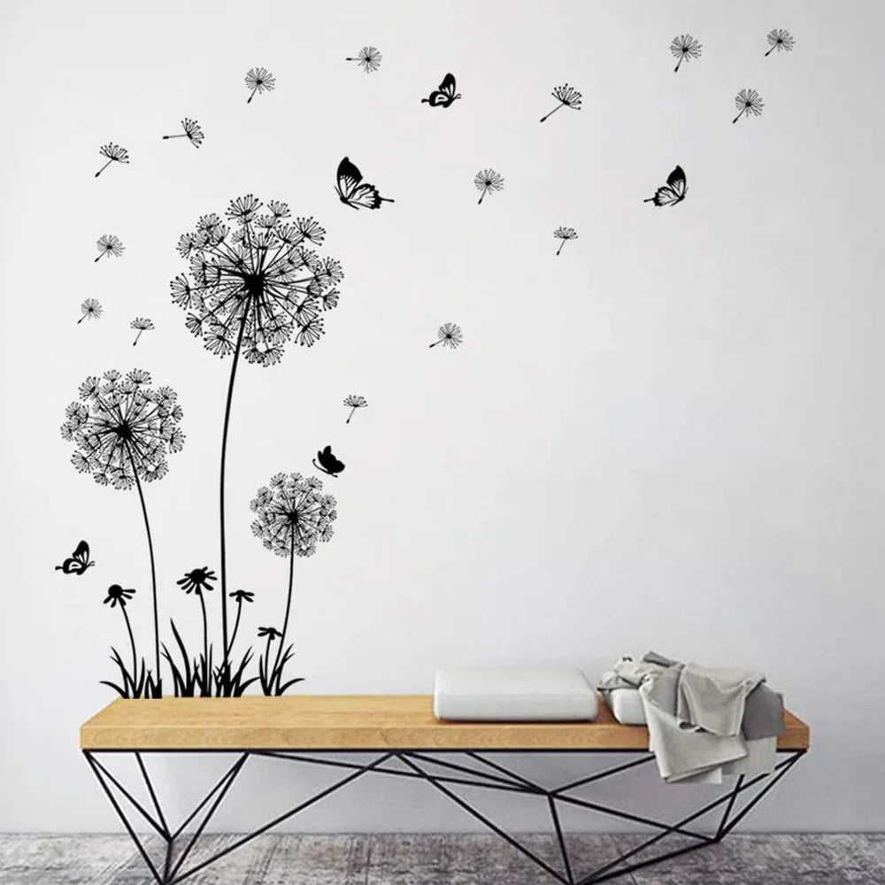 Black Dandelion Wall Stickers Butterflies On The Wall Living Room Bedroom Glass Window Decoration Mural Art Home Decor Decals