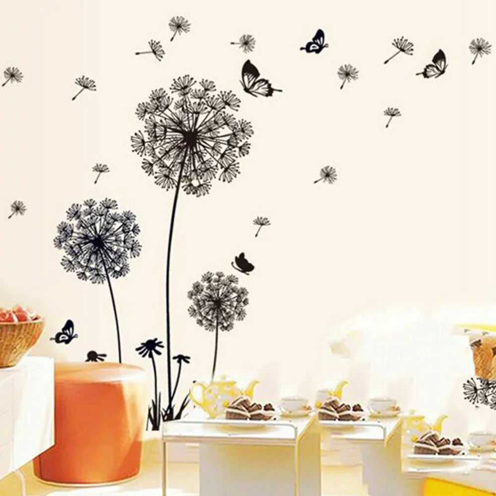 Black Dandelion Wall Stickers Butterflies On The Wall Living Room Bedroom Glass Window Decoration Mural Art Home Decor Decals