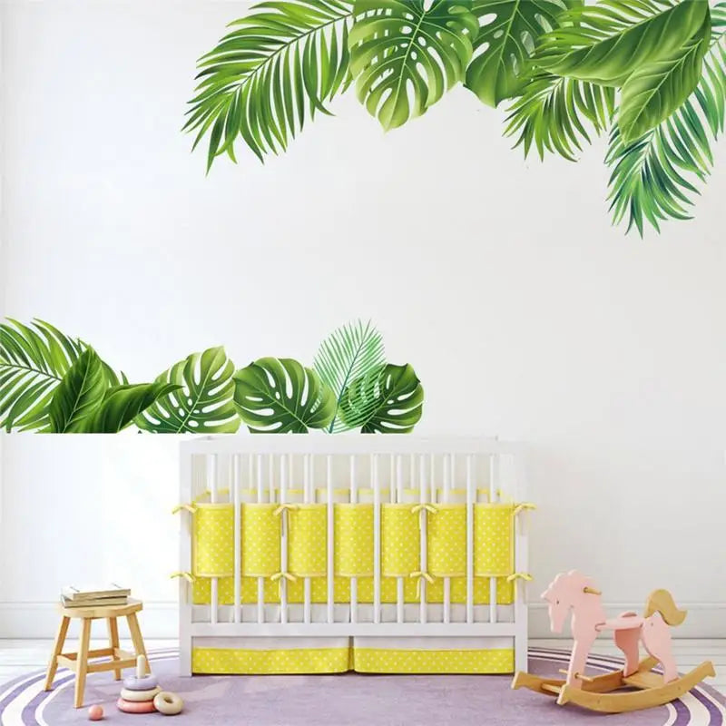 Tropical Palm Leaf Wallpaper Green Tropical Plants Wall Stickers 2Pcs Self Adhesive Removable Reusable Palm Tree Leaf Wall