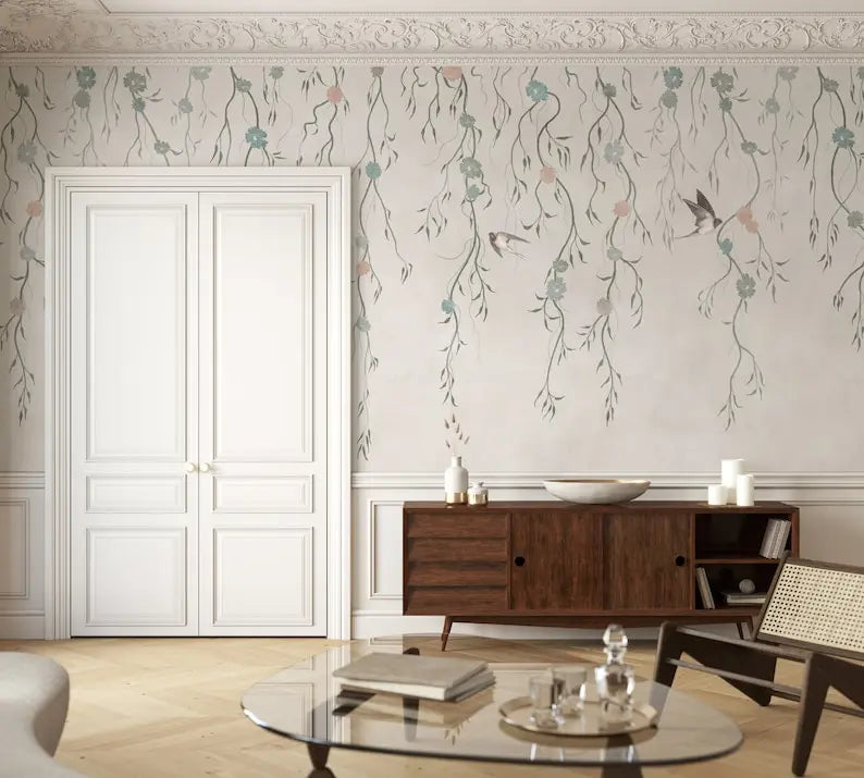 Ivy Wallpaper | Boho Plants Wall Mural Peel and Stick | Watercolor Tree Branches with Birds Wallpaper | Pastel Ivy Leaf Branch W