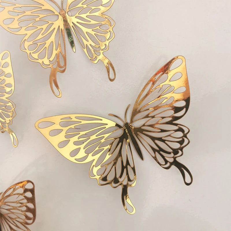 12Pcs/Set Gold Silver Hollow Butterfly Wall Stickers 3D Butterflies Sticker Bedroom Living Room Home Decor Party Wedding Decor