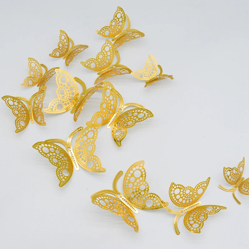 12Pcs/Set Gold Silver Hollow Butterfly Wall Stickers 3D Butterflies Sticker Bedroom Living Room Home Decor Party Wedding Decor