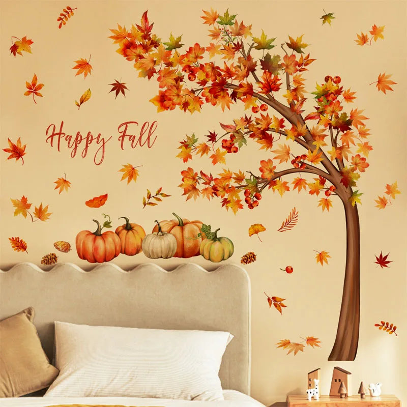 English Full Autumn Maple Tree Wall Sticker Maple Leaf Pumpkin Wallpaper Sticker For Wall Background Decoration Wall Art