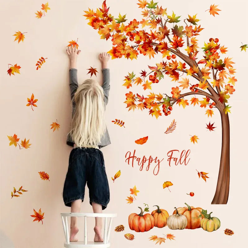 English Full Autumn Maple Tree Wall Sticker Maple Leaf Pumpkin Wallpaper Sticker For Wall Background Decoration Wall Art