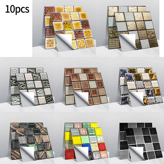 10pcs 3D Mosaic Crystal Tile Stickers DIY Waterproof Self-Adhesive Wall Stickers Kitchen Bathroom Bedroom Home Decor Wall Decals