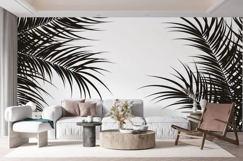 Black And White Palm Tree Leaves Removable Wallpaper, Modern Design Tropical Customizable Wall Mural. Peel And Stick Living Room